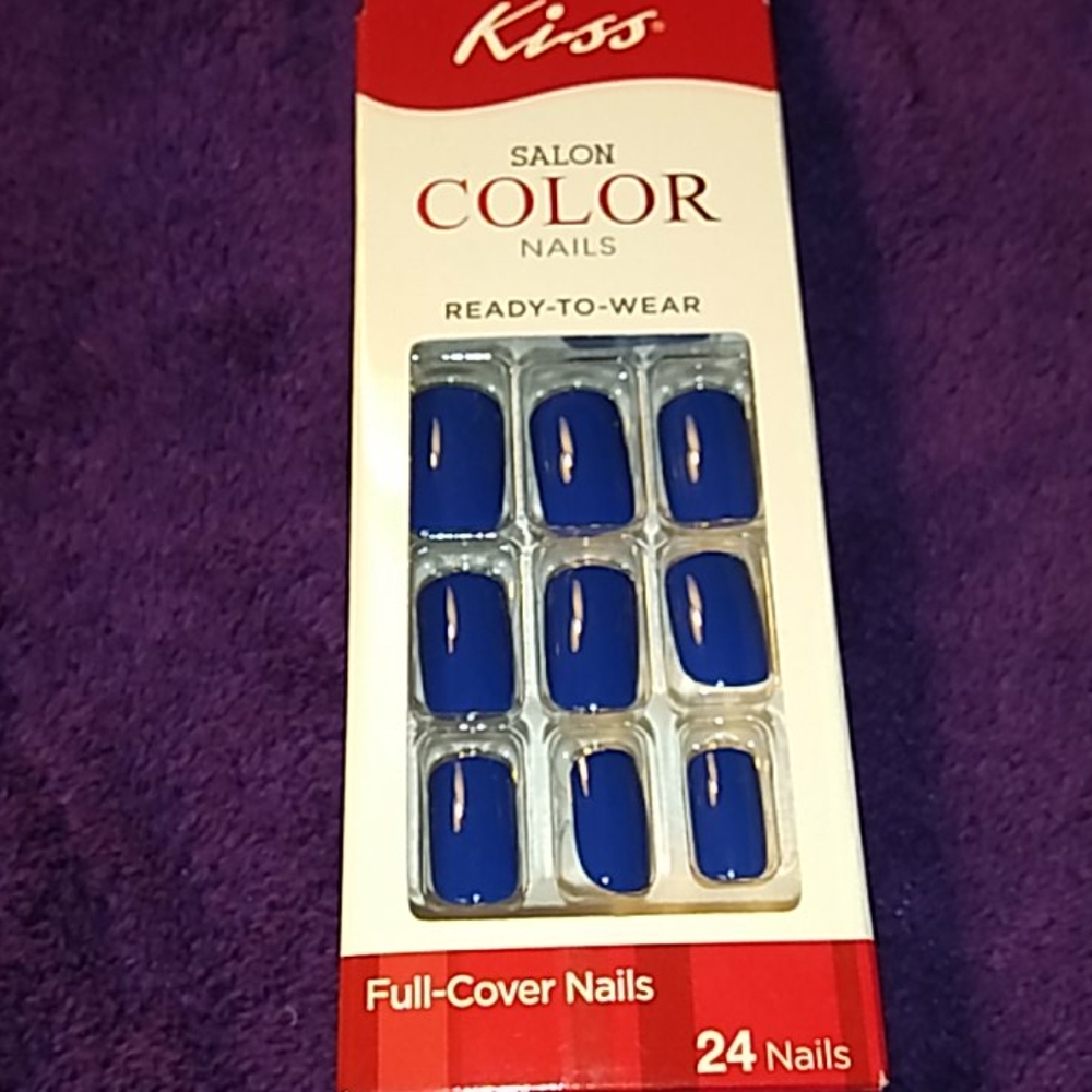 Kiss salon color nails dark blue short length 24pc